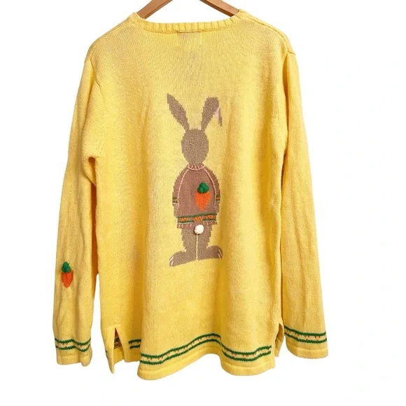 Vintage Quacker Factory Easter Bunny Rabbit Carrot Yellow Orange Sweater Medium - Picture 3 of 6